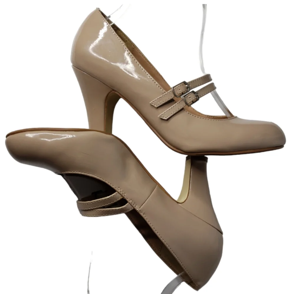 Bridesmaid Faux Patent Double Strap Mary Jane Heels Neutral Office Brinley 7.5 ♡